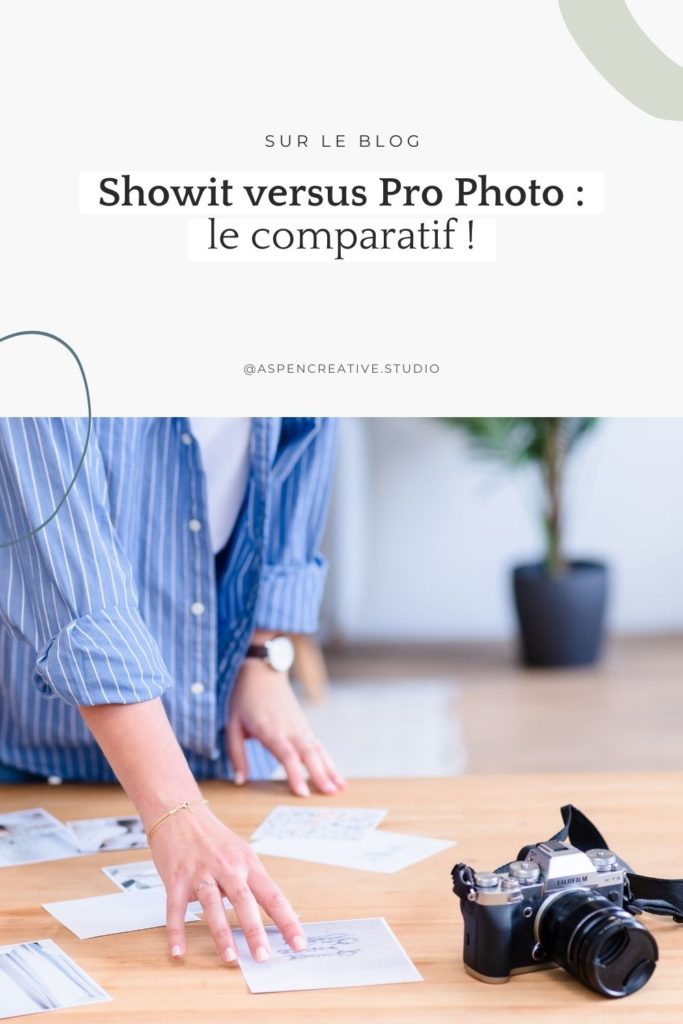 Visuel Pinterest, photo d'une tablette dans les mains d'une femme et en-dessous le titre de l'article : Showit versus Pro Photo : le comparatif !