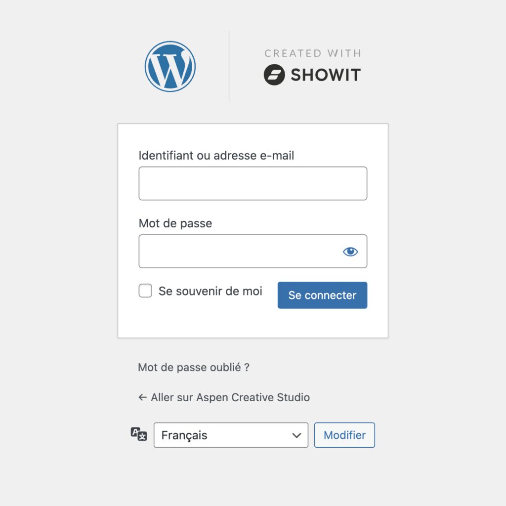 Capture d'écran de l'interface de connexion WordPress avec Showit
