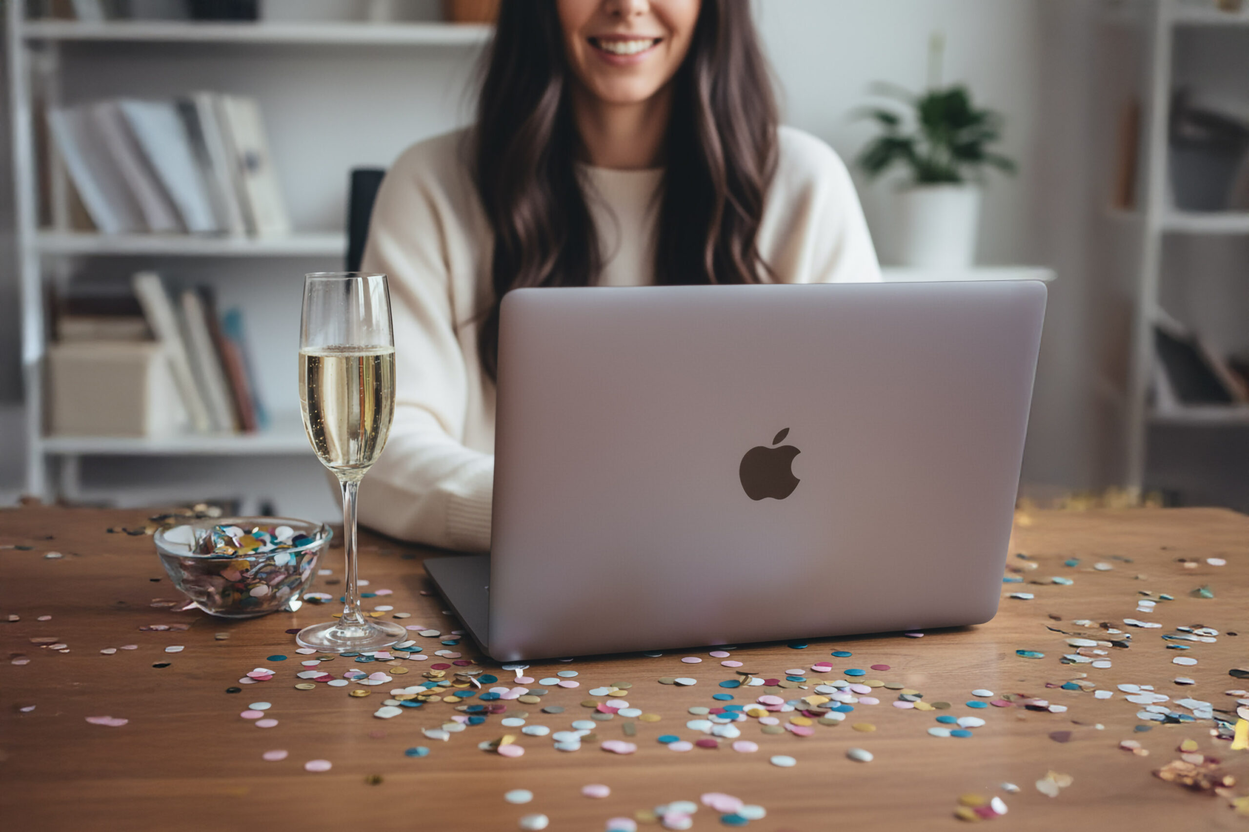 femme qui sourit devant son ordinateur avec une coupe de champagne et des confetti sur le bureau