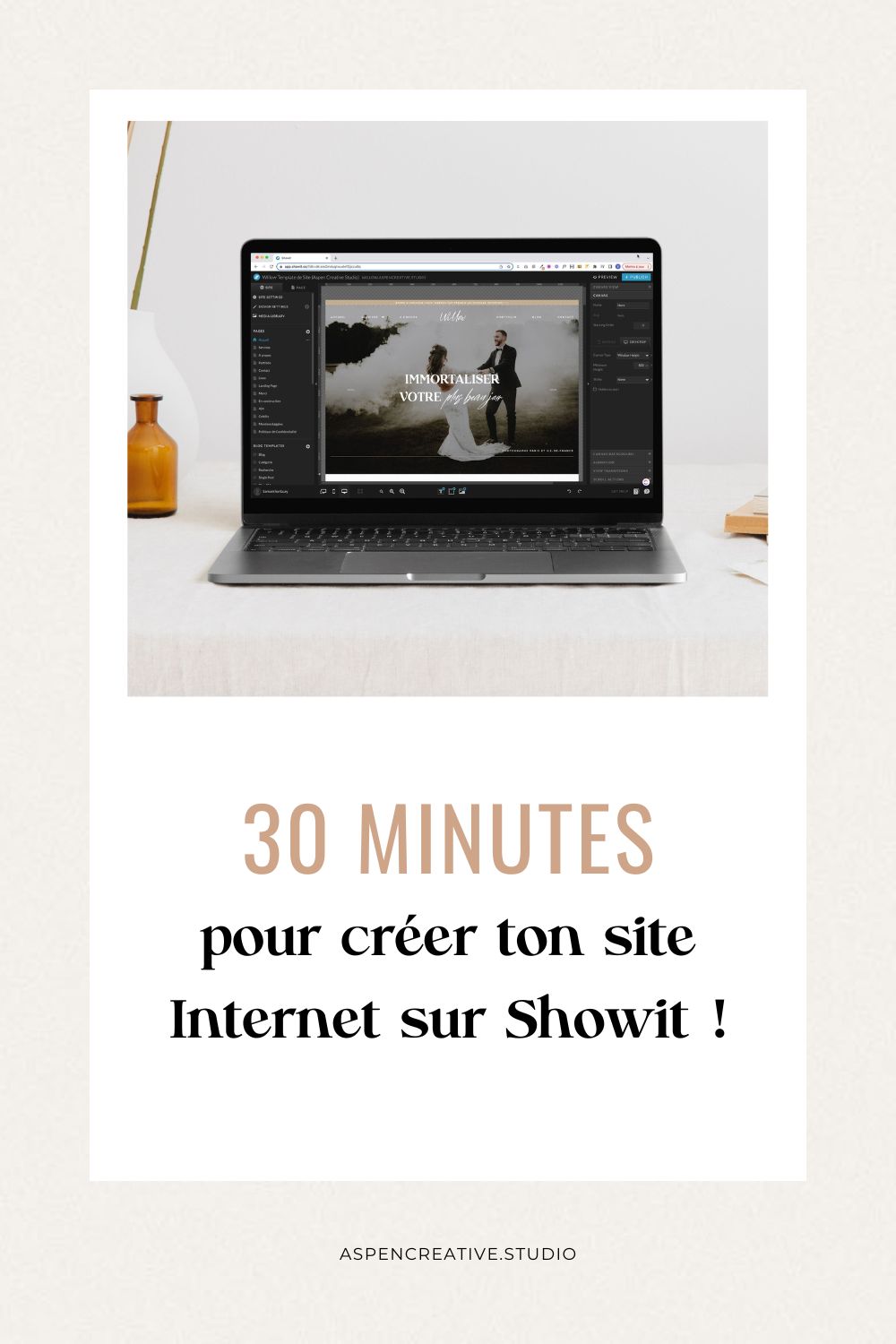 Visuel Pinterest pour l'article "Apprendre Showit en 30 minutes" avec le nom de l'article et une photo d'ordinateur