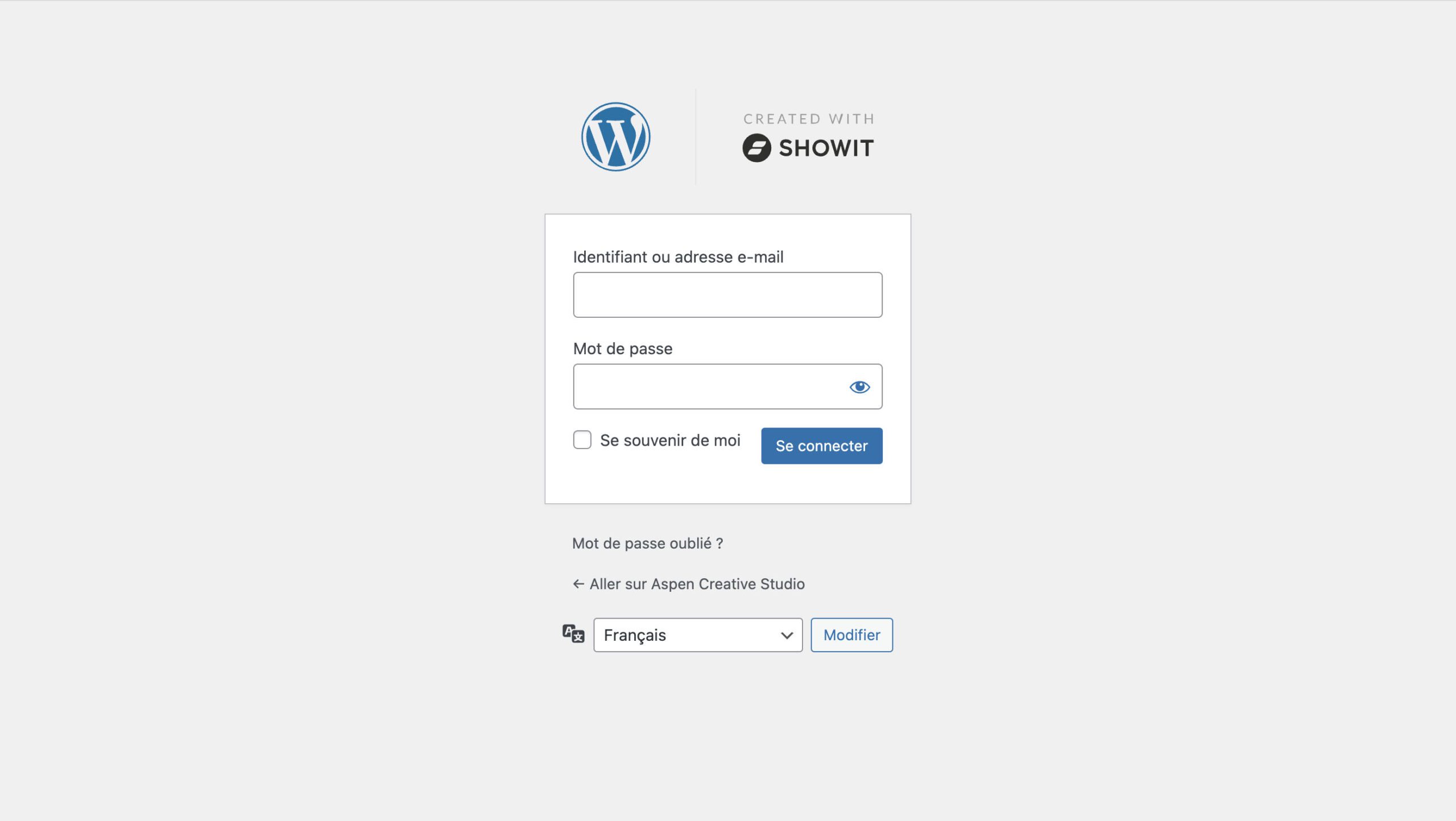 Interface de connexion Wordpress et Showit