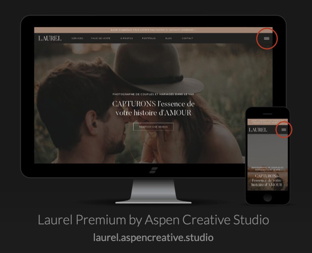 Captures d'écran du template de site Internet Showit appelé Laurel, avec l'icône de menu hamburger encerclé en rouge