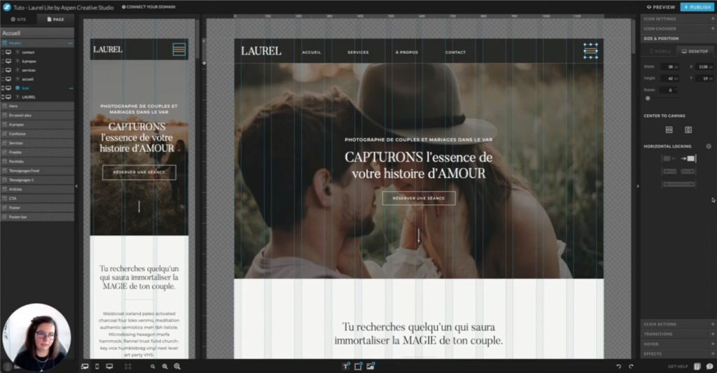 Capture d'écran de l'interface Showit pour montrer les réglages pour la création d'une section header