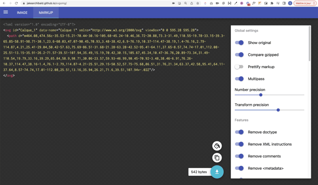 Capture d'écran du site SVGOMG pour convertir des icônes SVG en code